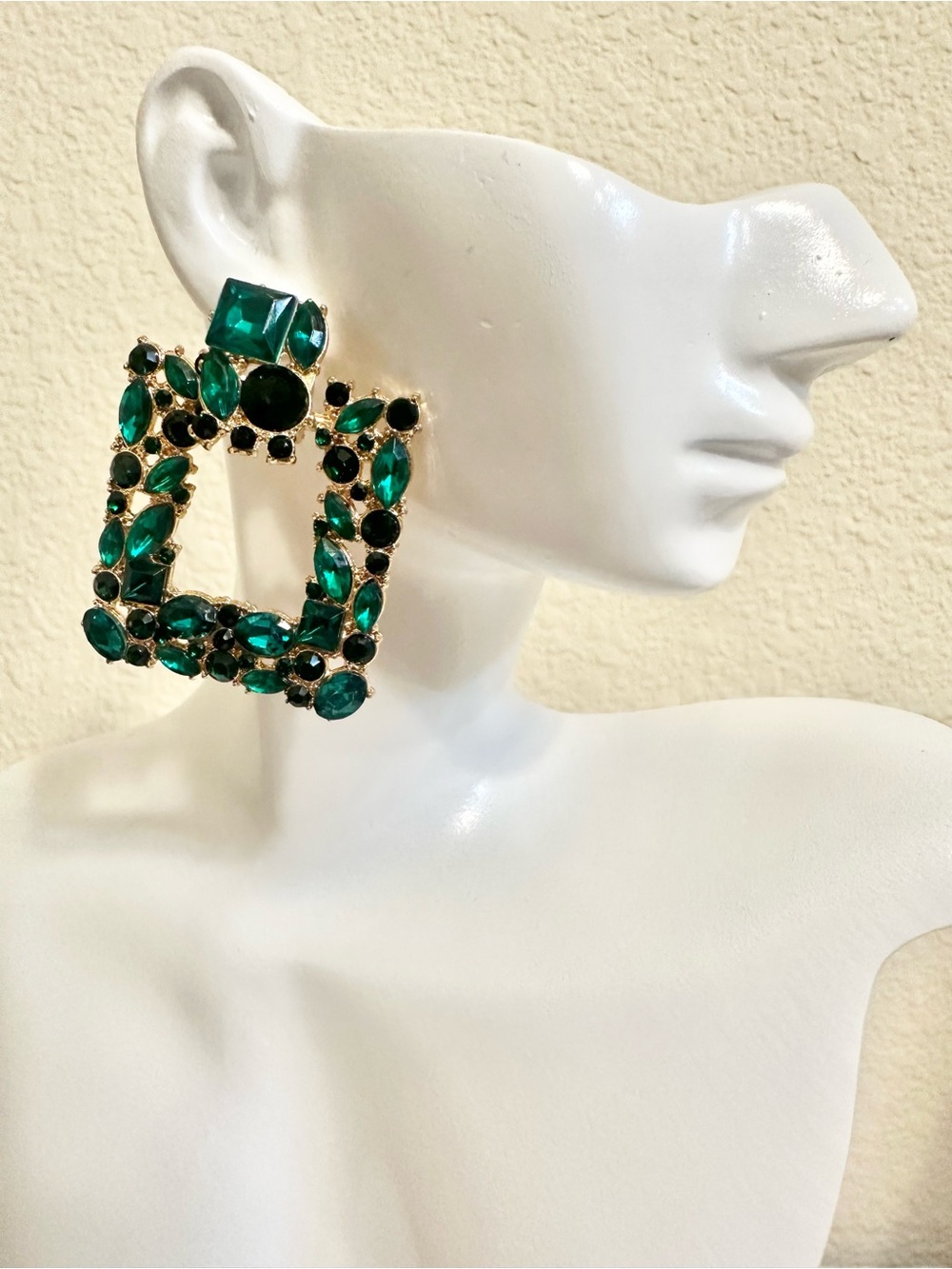 Gold-Tone Emerald Green Acrylic Crystal Square Drop Earrings